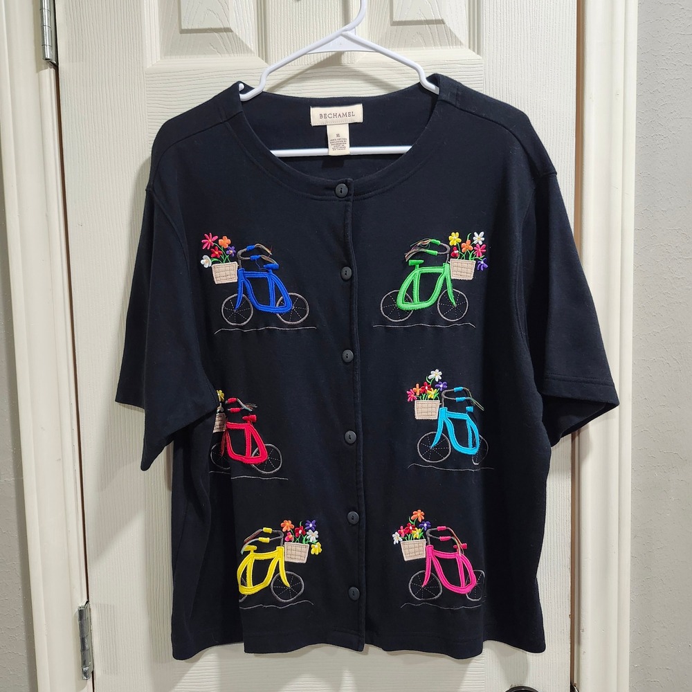 Bechamel Womens XL Black Cotton Embroidered Bicycle Top Short Sleeve Shirt